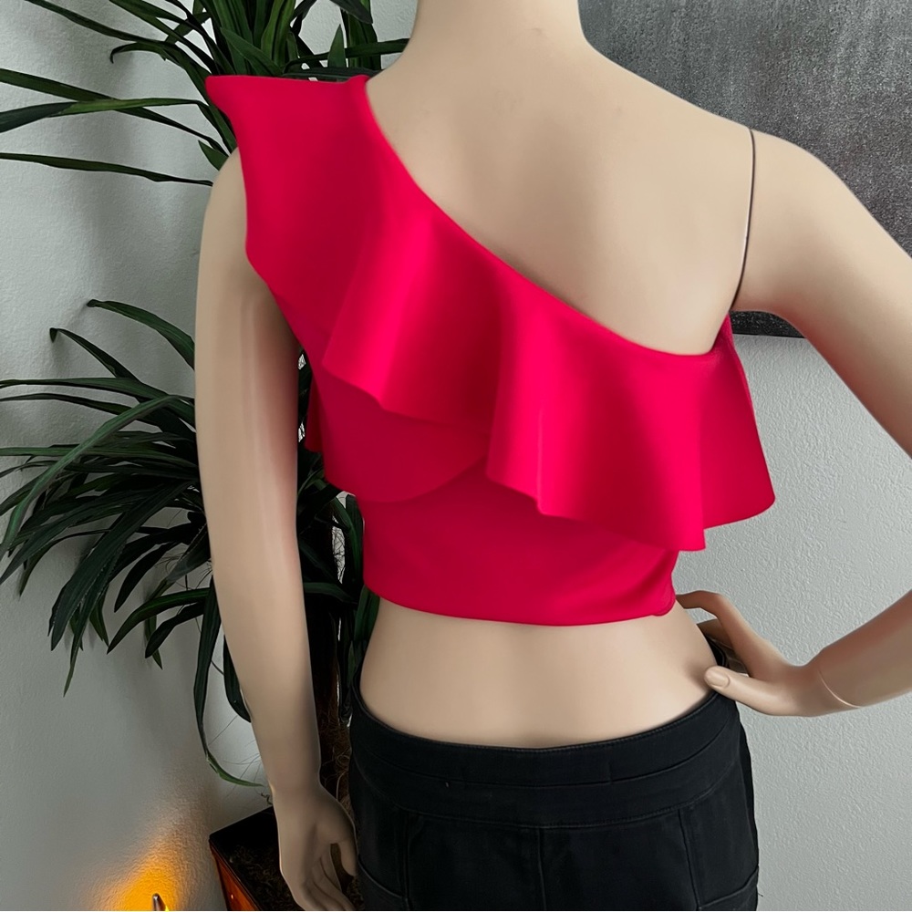 Guess Raspberry Red One Shoulder Ruffled Party Crop Top - Picture 4 of 9
